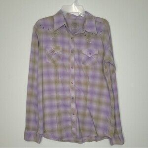 Twenty X purple tan plaid pearl snap front studded western rodeo shirt size L
